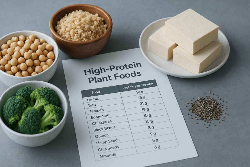 A clean kitchen counter under cool clinical lighting displays tofu, quinoa, chickpeas, chia seeds, and broccoli arranged neatly around a printed chart labeled "High-Protein Plant Foods." The image offers a precise, science-based overview of how vegetarians can get enough protein from plant-based sources.