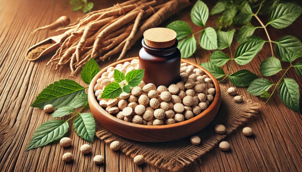 A wooden bowl filled with natural ashwagandha supplements, surrounded by fresh ashwagandha roots and leaves. The warm, earthy setting highlights the organic and Ayurvedic nature of the herb, representing its role in natural muscle recovery and wellness.