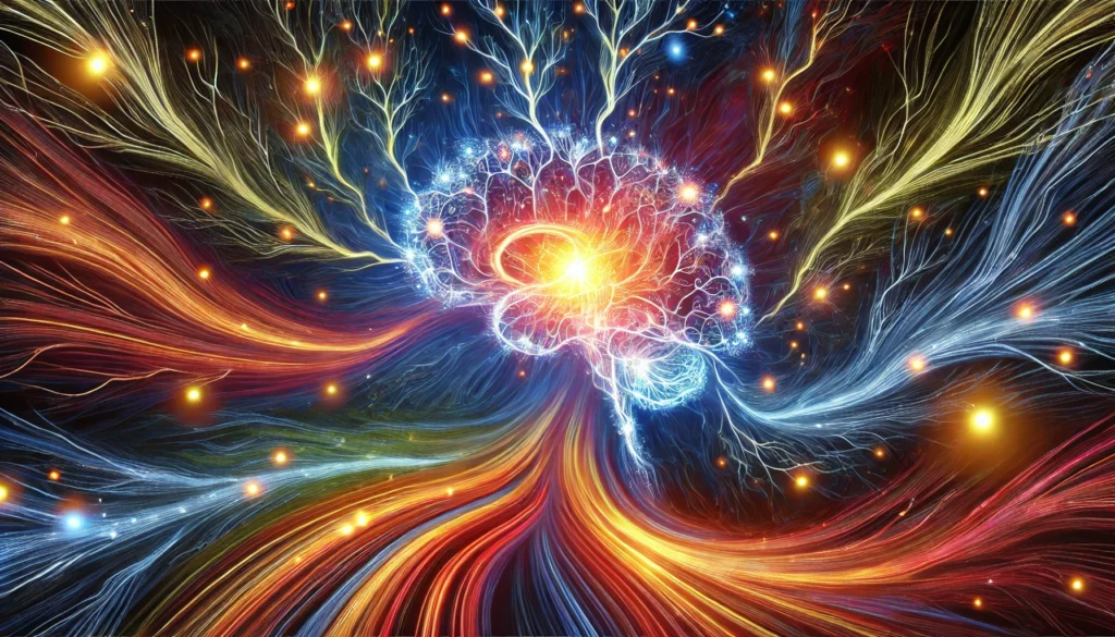 A dynamic artistic illustration of neural pathways glowing with vibrant energy, representing enhanced cognitive function and mental clarity supported by Sensoril ashwagandha.