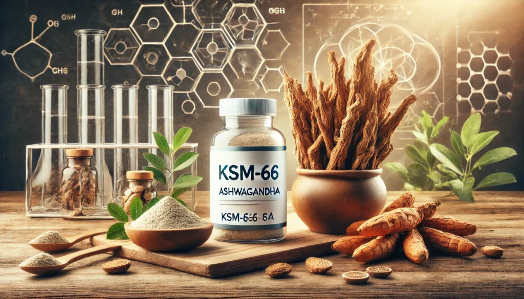 KSM-66 vs. Traditional Ashwagandha: What Science Says About Their Benefits and Differences 2 A side-by-side comparison of KSM-66 Ashwagandha and traditional Ashwagandha, featuring a modern supplement bottle against a scientific backdrop on the left and natural ashwagandha roots with powder on a wooden surface on the right.