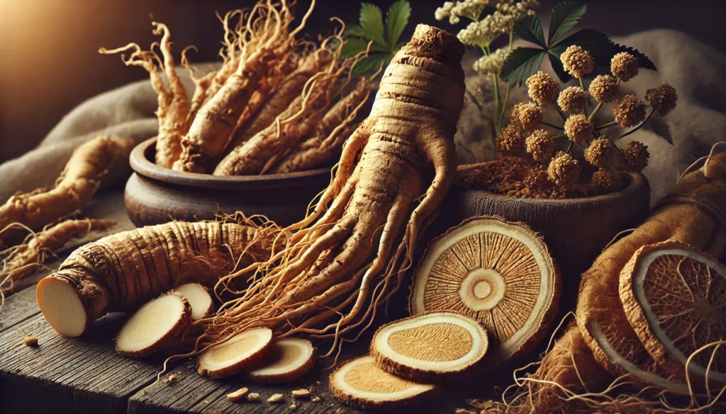A close-up view of fresh, dried, and sliced ginseng roots displayed on a dark wooden surface, highlighting their unique textures and earthy tones.