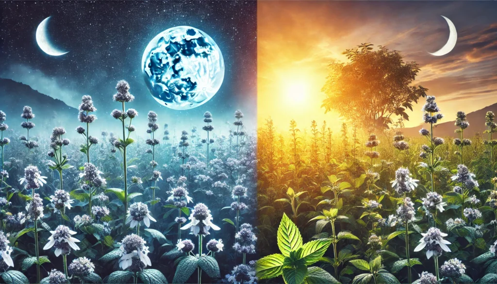 A split-screen conceptual image comparing valerian root and ashwagandha—on the left, valerian flowers in a misty moonlit setting; on the right, ashwagandha plants under a bright golden sunrise, symbolizing their different effects on sleep and stress relief.