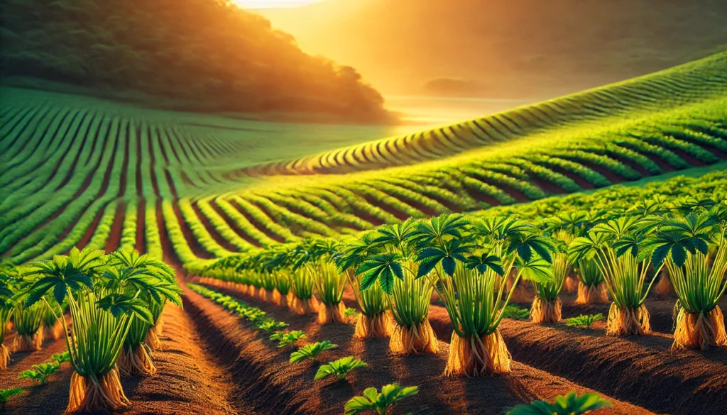 Best Ginseng Supplement: How to Choose the Top-Rated Korean Red Ginseng for Maximum Benefits 2 A lush Korean ginseng farm at golden hour, featuring vibrant green ginseng plants growing in neat rows under soft sunlight, with rolling hills in the background.