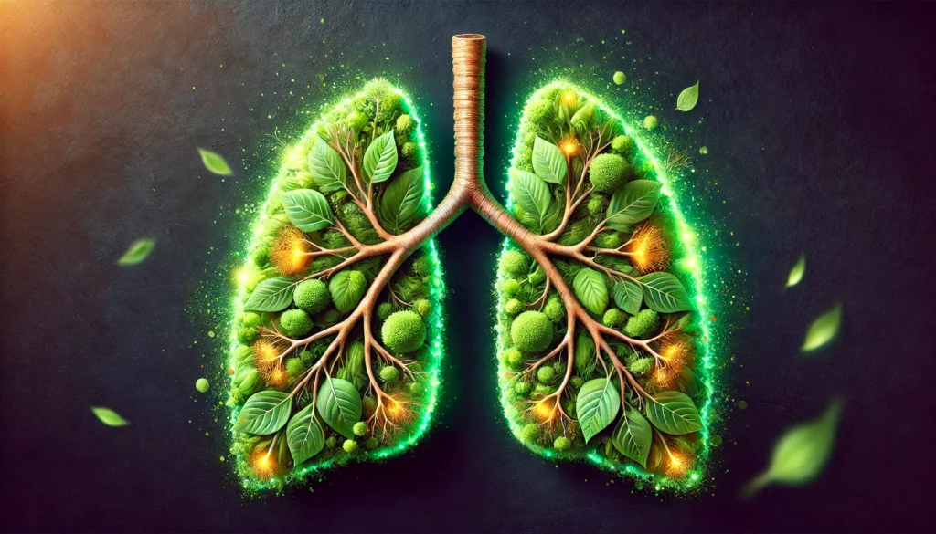 An artistic depiction of human lungs made from herbal leaves and roots, symbolizing natural detoxification, respiratory health, and the benefits of ashwagandha for smokers.