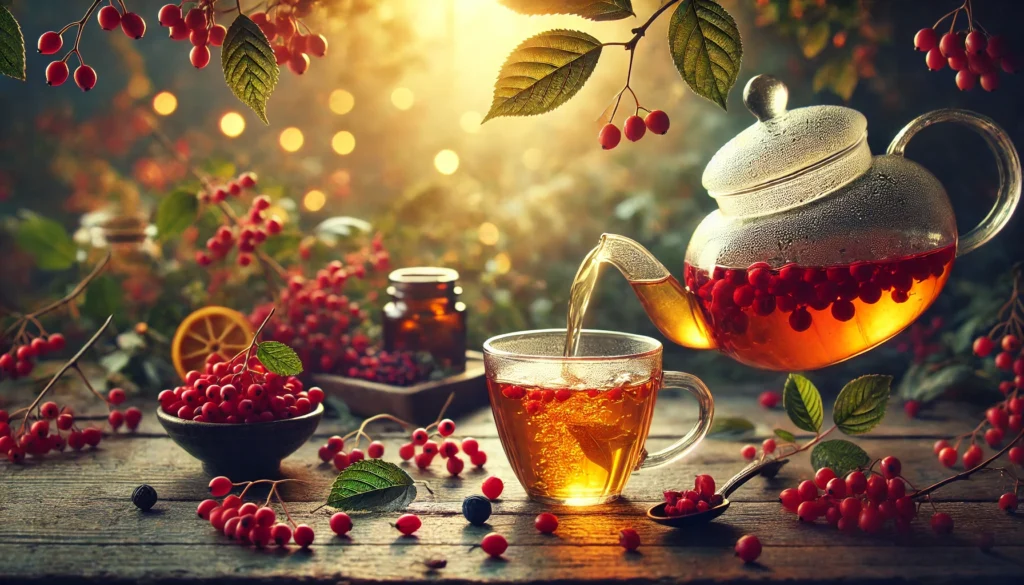 A glass teapot gracefully pouring Schisandra berry tea into a cup, surrounded by fresh berries and herbal sprigs, evoking a sense of wellness, immunity support, and natural health benefits.