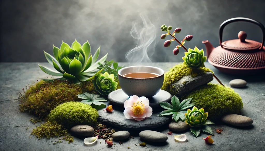 A meditative tea arrangement with a cup of rhodiola tea placed on a stone surface, surrounded by moss, pebbles, and delicate flower petals. Mist rises in the background, evoking a sense of deep focus and clarity.