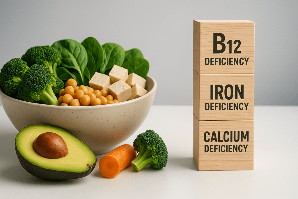 Vegan and Vegetarian Vitamin Deficiencies: Common Nutrient Gaps, Symptoms, and How to Prevent Them Naturally 2 A clean tabletop scene shows a colorful bowl of vegan foods beside wooden blocks labeled “B12 Deficiency,” “Iron Deficiency,” and “Calcium Deficiency,” symbolizing common nutrient gaps in plant-based diets. Cool clinical lighting emphasizes the importance of proper nutrition and supplementation.