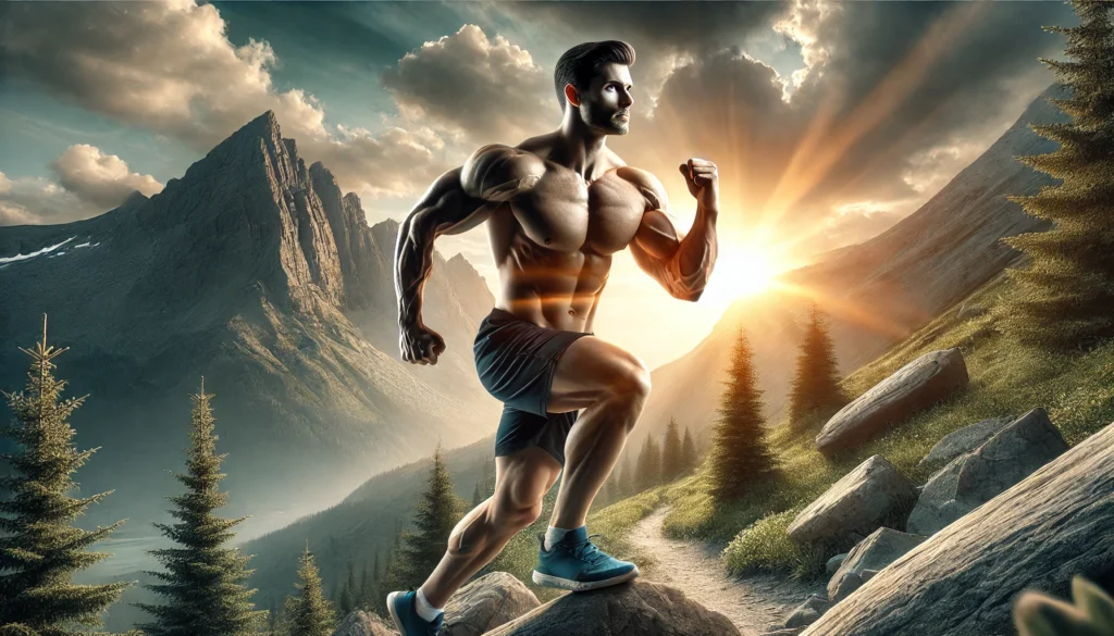 How Rhodiola Rosea May Support Testosterone Levels: What Science Says 2 A muscular athlete running through a scenic mountainous trail at sunrise, depicting enhanced endurance, strength, and energy-boosting benefits associated with Rhodiola Rosea and balanced testosterone levels.