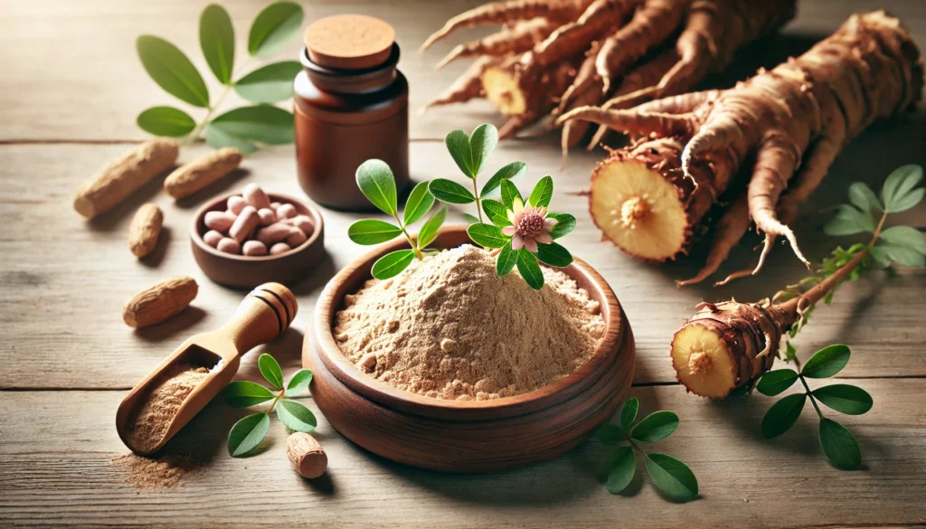Rhodiola Rosea for Weight Loss: Benefits, Dosage, and Best Practices 2 A minimalist natural supplement setup with a bowl of Rhodiola Rosea extract powder, fresh roots, and leaves on a wooden surface, emphasizing purity and organic benefits.