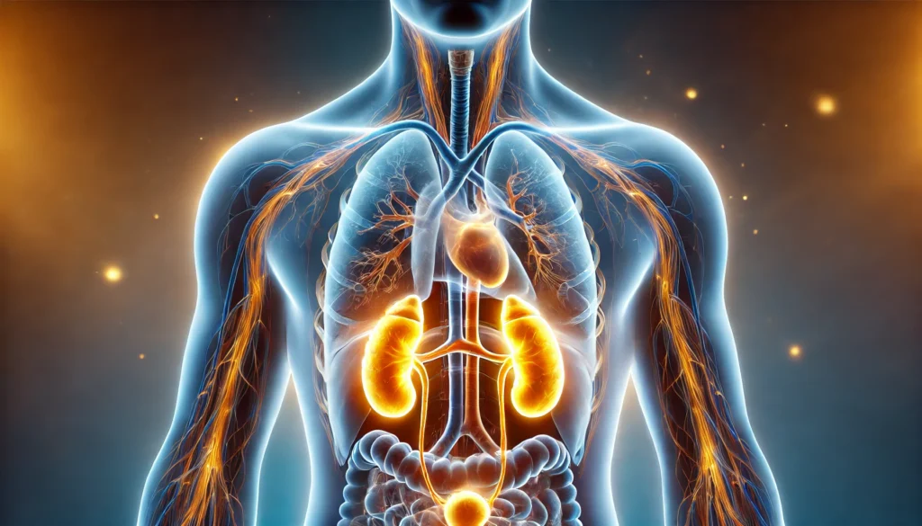 An artistic visualization of the human endocrine system with glowing adrenal glands, illustrating hormonal balance and energy regulation.