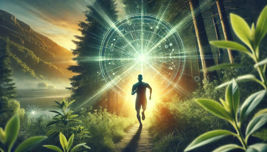 Rhodiola Rosea: The Best Supplement for Stress, Energy, and Mental Clarity? 2 An energetic scene of a person jogging along a lush forest trail at sunrise, surrounded by greenery. The dynamic movement captures a sense of vitality, endurance, and mental clarity, reflecting the benefits of Rhodiola Rosea for energy and stress relief.