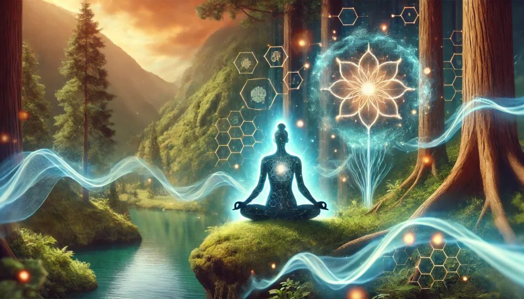 Rhodiola Rosea Beneficios: How This Powerful Adaptogen Supports Stress, Energy, and Brain Health 2 A meditative figure in a serene natural setting, surrounded by a glowing aura representing Rhodiola Rosea’s role in stress reduction, relaxation, and emotional well-being.