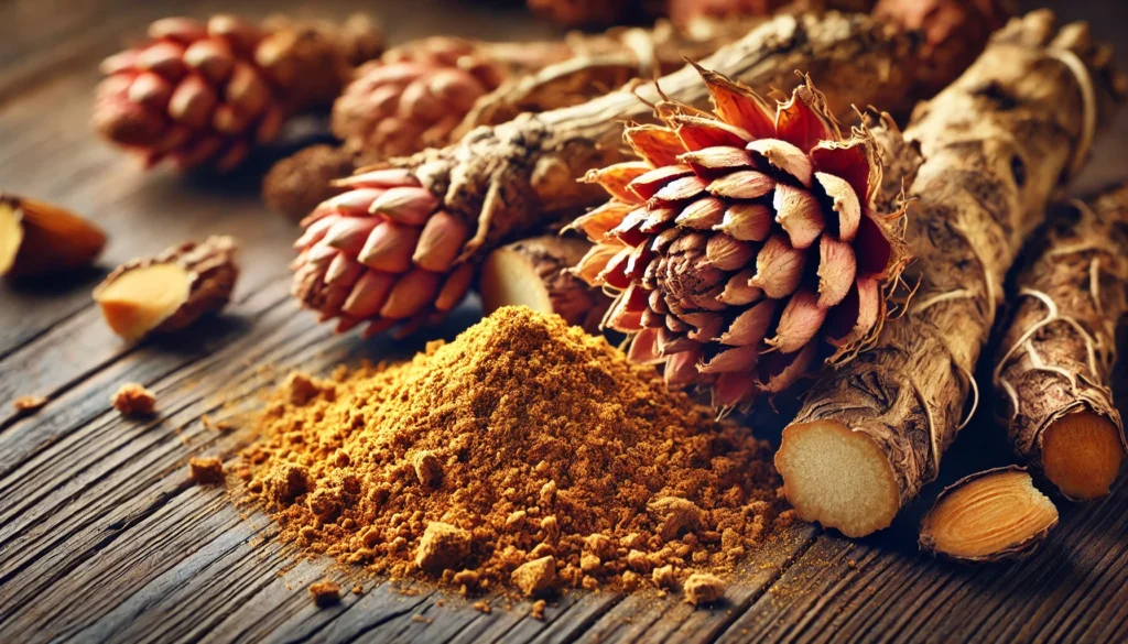 Rhodiola Rosea Reviews: What Science Says About This Powerful Adaptogen for Stress and Energy 2 A close-up of Rhodiola rosea roots and dried extract on a wooden surface, emphasizing its use in herbal supplements. The textured, golden-brown roots contrast with the finely ground extract, highlighting the plant’s medicinal properties.