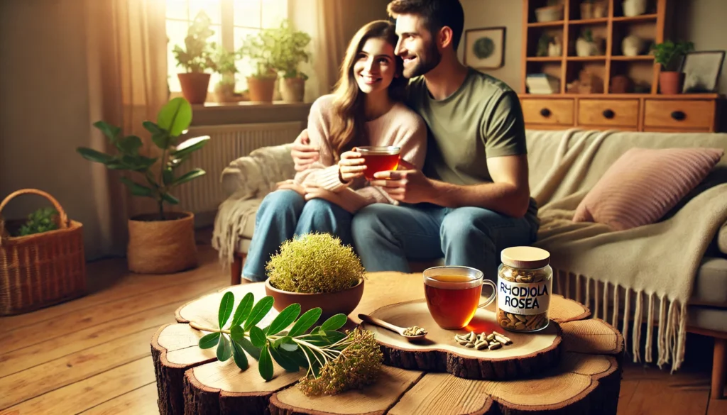 A peaceful home setting with a couple enjoying herbal tea made from Rhodiola Rosea. The warm and cozy atmosphere, soft natural lighting, and their relaxed expressions symbolize the role of natural supplements in supporting fertility and overall well-being.