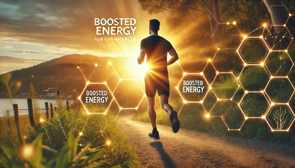 An active individual jogging on a scenic trail at sunrise, radiating energy and endurance, with the golden morning light emphasizing the vitality-boosting benefits of Rhodiola powder for physical performance.