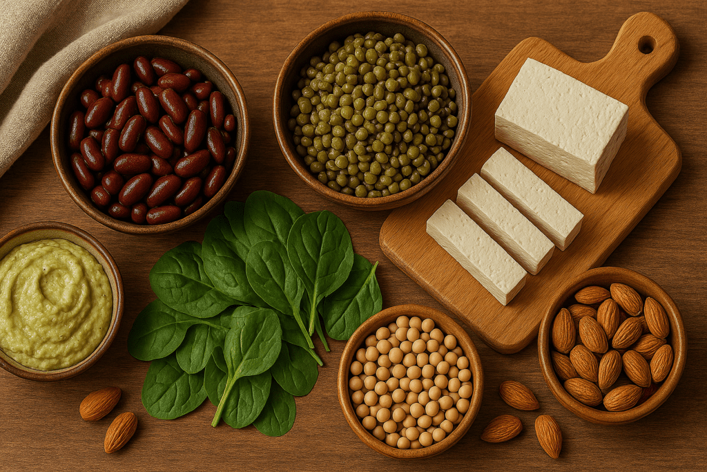 How Full Vegan Meals Help You Stay Satisfied Longer: Science-Backed Ways Vegan Food Keeps You Full Naturally 3 A rustic tabletop arrangement featuring plant-based protein sources including bowls of kidney beans, green lentils, soybeans, almonds, a creamy hummus spread, fresh spinach leaves, and sliced tofu on a wooden cutting board, all illuminated with soft natural light to emphasize their textures and satiety-promoting qualities.