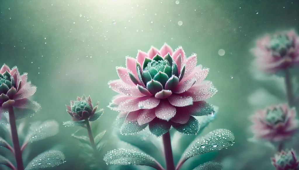 A close-up of a Rhodiola Rosea plant with dewdrops on its petals, set against a soft-focus green background, embodying freshness, mental clarity, and emotional stability.