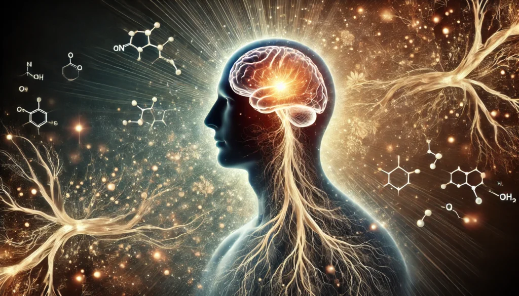 An artistic representation of a human silhouette with a glowing brain and energy radiating from the body, symbolizing the cognitive and vitality-boosting benefits of Panax ginseng, with natural roots and molecular structures subtly incorporated.