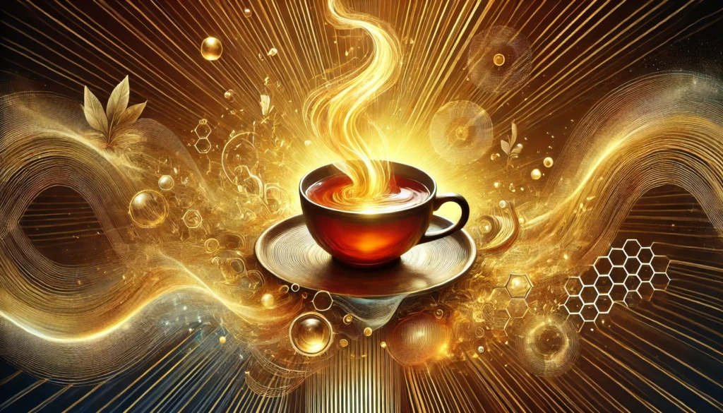 An abstract artistic portrayal of energy and well-being, featuring golden light waves radiating from a steaming cup of Korean red ginseng tea, symbolizing mental clarity and physical rejuvenation.