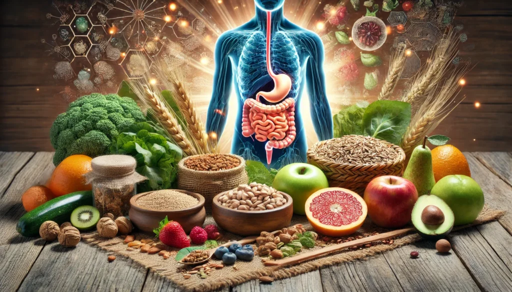 A visually rich depiction of a balanced diet featuring whole grains, legumes, leafy greens, nuts, and fruits arranged on a wooden table, with a glowing human digestive system subtly integrated into the background, emphasizing gut health and fiber benefits.