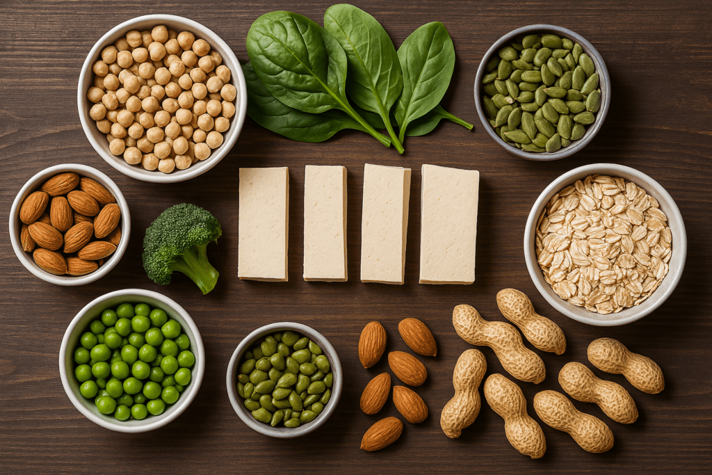 Best Plant-Based Protein Sources for a High-Protein Vegan Diet: What Science Says About Meeting Your Needs Naturally 3 "Flat lay of vegan protein-rich foods on a dark wooden table, featuring tofu slices, spinach leaves, pumpkin seeds, rolled oats, almonds, chickpeas, green peas, broccoli, peanuts, and legumes—highlighting clean, natural sources of plant-based protein."