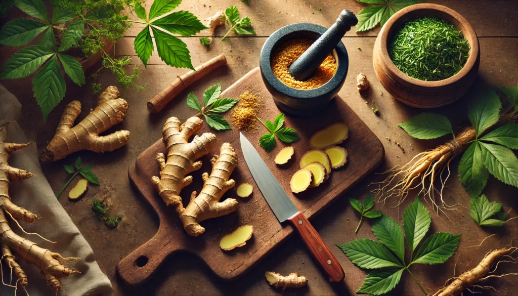 A top-down view of a herbal preparation table with ginger and ginseng roots being sliced on a wooden cutting board, alongside a mortar and pestle with crushed herbs, set in a warmly lit natural environment.