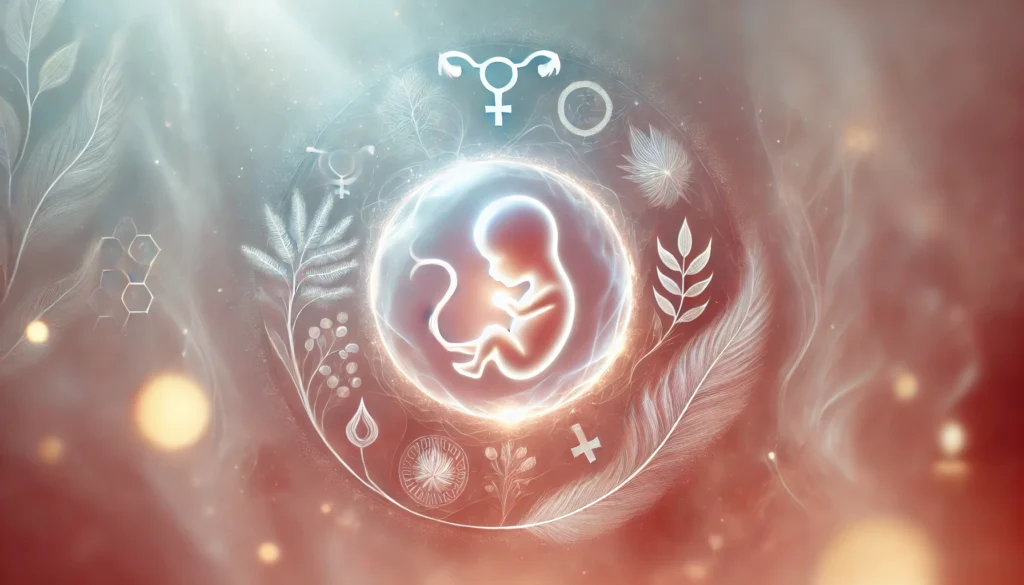 Ashwagandha for Female Fertility: How It May Support Hormonal Balance & Conception 3 A glowing embryo surrounded by a soft, ethereal aura with natural elements in the background, representing fertility, hormonal balance, and the nurturing effects of herbal remedies.