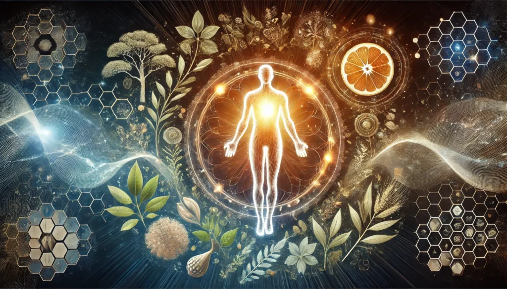 An artistic depiction of the human body’s internal balance, represented by a glowing silhouette surrounded by natural herbs, roots, and a flowing energy aura, symbolizing the benefits of cycling ashwagandha for optimal health.