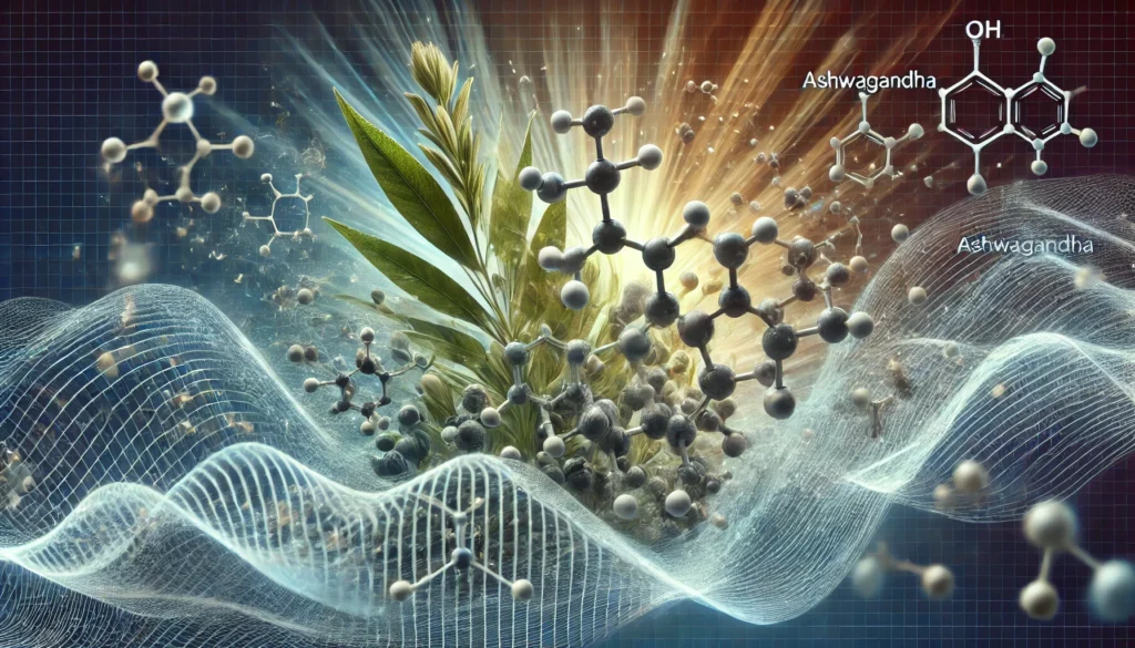 How Long Does Ashwagandha Stay in Your System? Understanding Its Half-Life and Effects 3 A futuristic scientific visualization of Ashwagandha’s molecular breakdown, with magnified molecular structures gradually dissolving over time. The background shifts from vibrant energy waves to cooler subdued tones, symbolizing the herb’s elimination from the system.