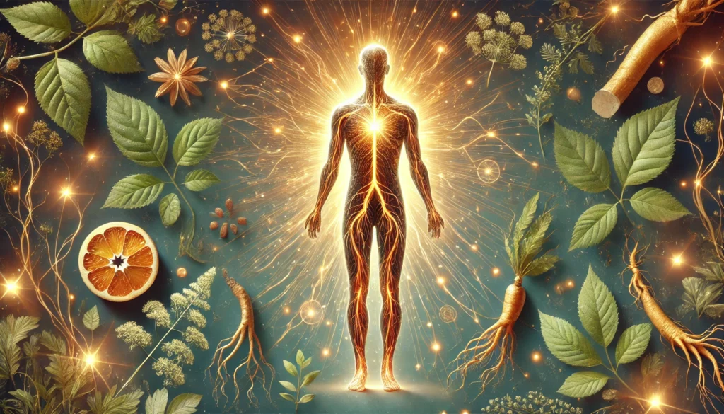 An artistic illustration of a human silhouette with glowing energy pathways, enhanced circulation, and vitality, surrounded by herbal elements and golden energy lines.