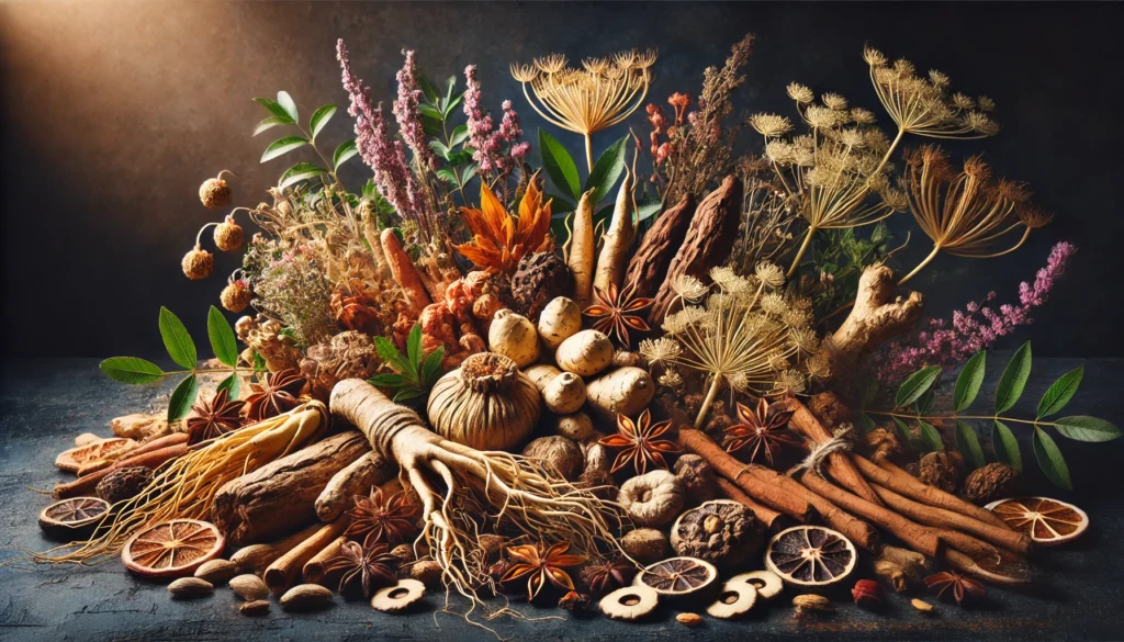 An artistic arrangement of aphrodisiac herbal roots, dried flowers, and medicinal plants like ginseng, maca, and tribulus, set against a dark background with soft lighting, creating a dramatic contrast that emphasizes their natural potency.