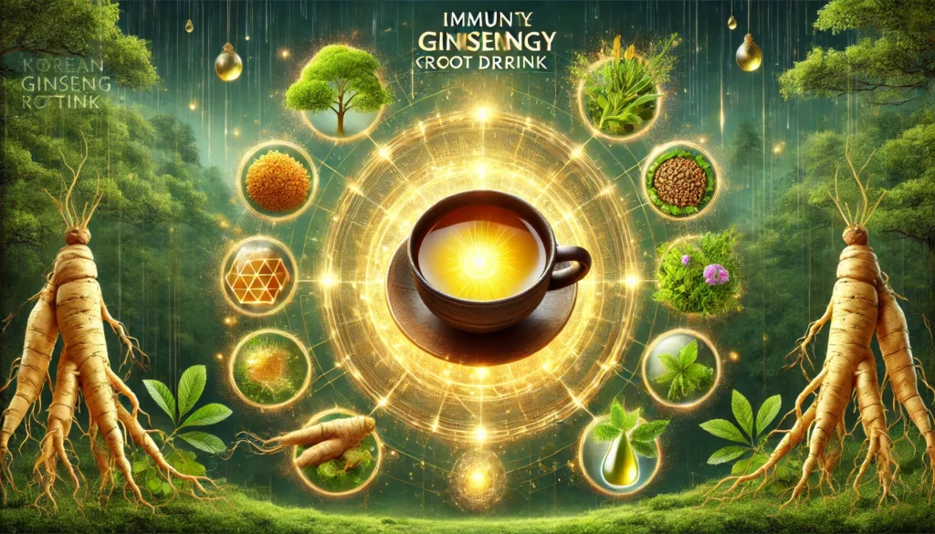 A golden-hued Korean ginseng root drink in a traditional teacup, surrounded by fresh ginseng roots and vibrant herbal elements, with an energy field representing immune-boosting and healing properties, set in a lush green forest.