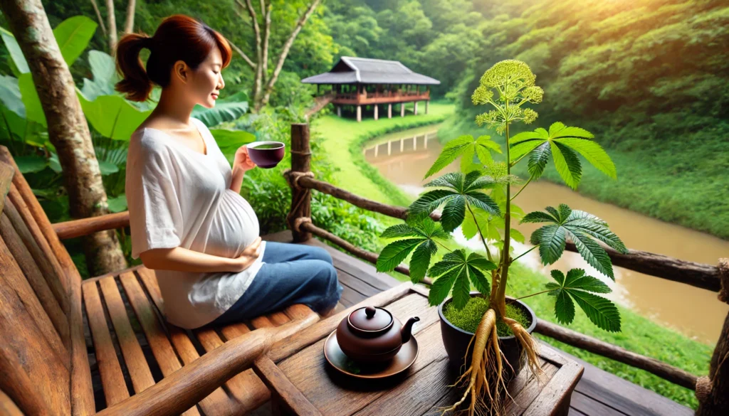 A serene outdoor setting where a pregnant woman enjoys a warm cup of herbal tea on a wooden bench in a lush garden, with a ginseng plant nearby, symbolizing nature’s role in maternal well-being.