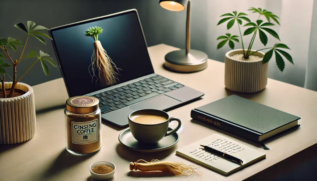 A peaceful and focused study environment with an open laptop, a cup of ginseng-infused coffee, and a small container of ginseng powder on a sleek desk, creating an atmosphere of mental clarity and productivity.