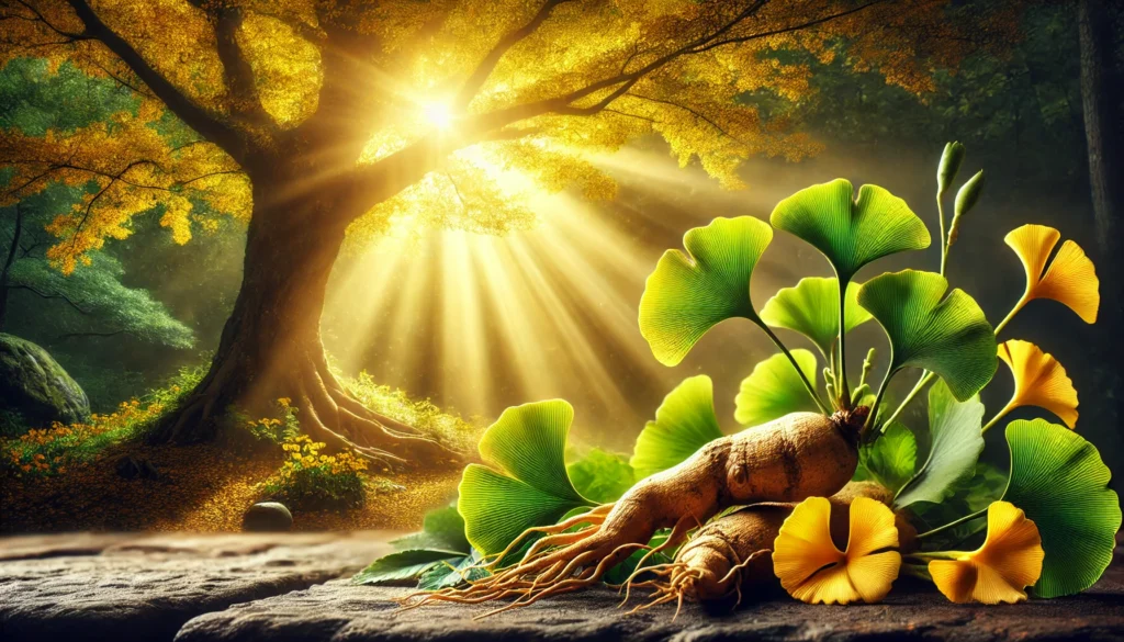 A lush ginkgo biloba tree with golden autumn leaves, with fresh ginseng roots placed on a stone surface, representing longevity and traditional herbal wisdom.