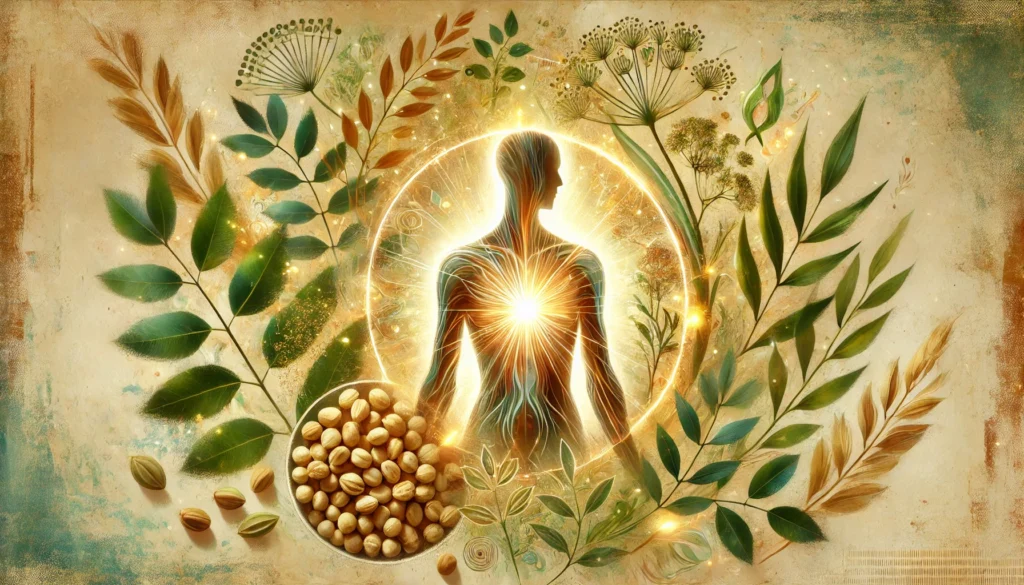 An artistic representation of hormonal balance, featuring a glowing abstract figure surrounded by fenugreek seeds and leaves, illustrating the herb’s role in endocrine health.