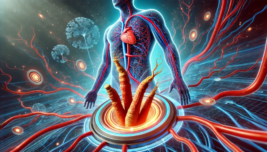 An artistic representation of blood circulation in the human body with glowing red and blue veins, infused with Korean red ginseng roots, symbolizing their role in improving circulation and erectile function.