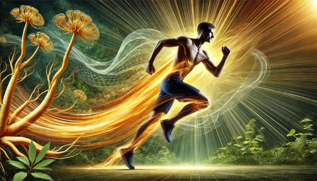 A strong and focused runner in motion, trailing golden energy waves from ginseng supplements, symbolizing endurance, natural performance enhancement, and vitality.