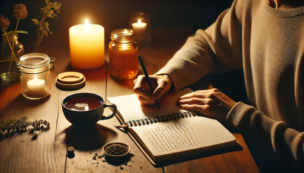 A peaceful nighttime scene of a person journaling by candlelight with a steaming cup of herbal tea, evoking relaxation, deep thought, and mental clarity.