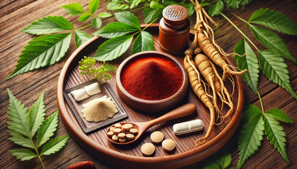A luxurious wooden tray featuring red ginseng powder, ginseng tablets, and a small spoon, elegantly arranged with a background of fresh green leaves, emphasizing premium quality and holistic health.