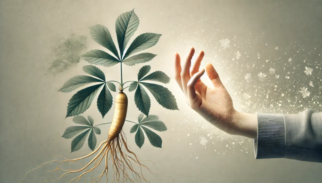 An artistic representation of a ginseng allergy reaction, showing a hand with subtle skin irritation reaching towards a ginseng plant, highlighting potential allergic concerns.