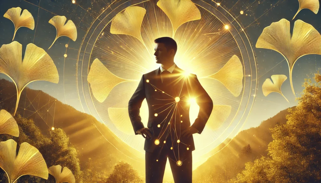 A symbolic visualization of male vitality, featuring a confident man standing in nature at sunrise with Ginkgo biloba leaves subtly integrated into the scenery.