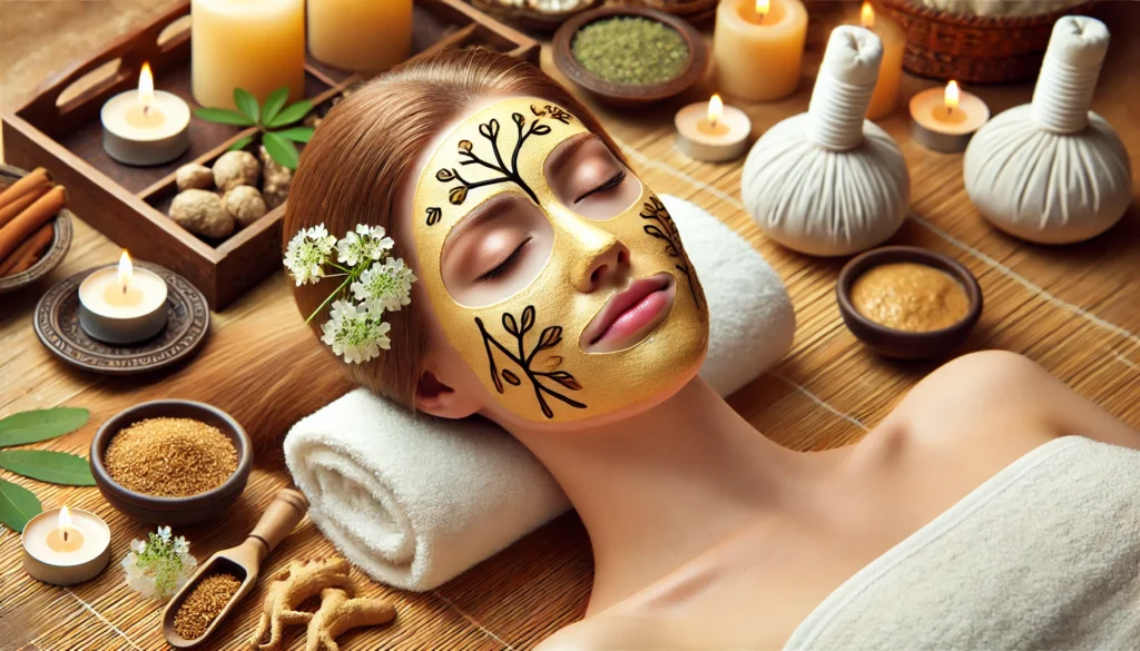 A relaxed woman at a spa with a ginseng-infused facial mask, surrounded by candles and herbal elements, evoking a sense of tranquility and natural skincare nourishment.