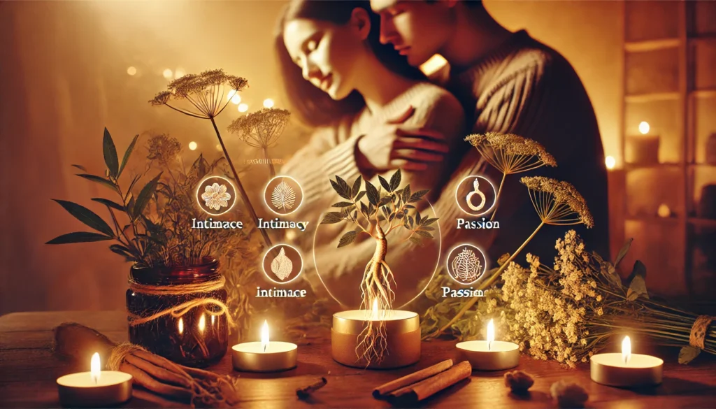 A warm, intimate scene of a couple in a softly lit romantic setting, symbolizing emotional and physical connection enhanced by natural wellness.
