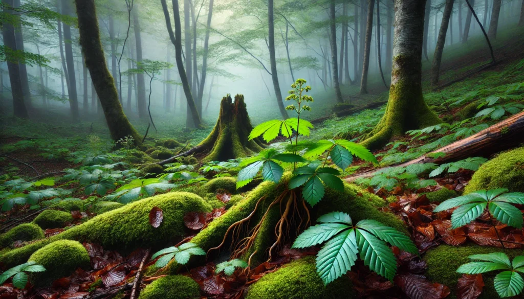A tranquil mountain forest with wild ginseng plants thriving among moss-covered rocks and fallen leaves, bathed in morning mist to emphasize the untouched beauty of their natural habitat.