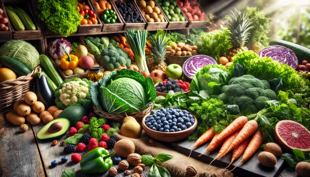 A vibrant farmer’s market display featuring fresh organic produce such as leafy greens, root vegetables, berries, and nuts, highlighting the importance of fresh ingredients in a whole food plant-based diet.