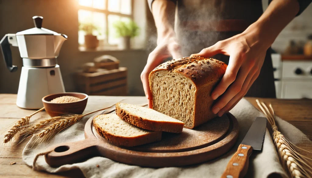 Can I Eat Bread on a Vegan Diet? A Guide to Choosing the Best Plant-Based Options 3 A close-up of hands slicing a warm, homemade vegan whole wheat bread loaf, with steam rising from the freshly cut slices in a cozy kitchen with natural light, emphasizing the bread’s soft texture and hearty grains.