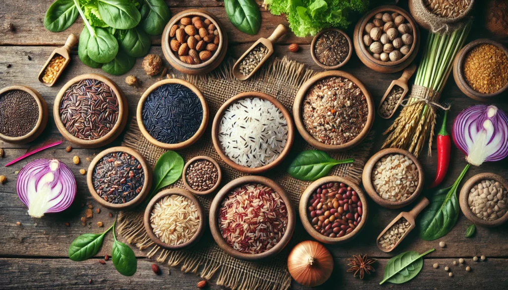 Can You Eat Rice on a Plant-Based Diet? Nutrition Facts, Health Benefits, and Best Options 3 A top-down view of various rice grains displayed in small bowls, including brown, black, red, and wild rice, arranged on a rustic wooden table with fresh plant-based ingredients like leafy greens, nuts, and legumes.