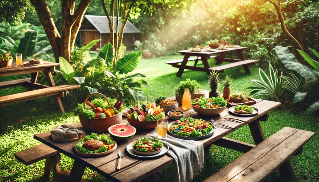 Benefits of Eating Whole Foods: How a Whole-Food Plant-Based Diet Supports Optimal Health 3 A serene outdoor dining setting with a beautifully arranged whole-food plant-based meal, including fresh salads, fruit platters, and grain bowls, surrounded by lush greenery and natural sunlight.