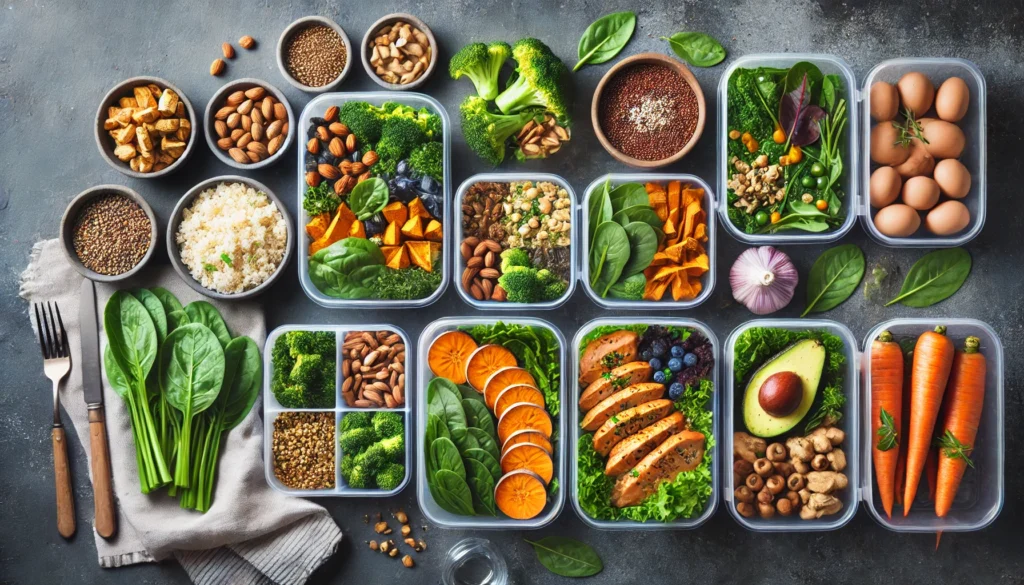How Eating Whole Foods Can Help You Lose Weight Naturally and Sustainably 3 A well-organized meal prep setup with multiple containers filled with fresh greens, roasted sweet potatoes, quinoa, nuts, and plant-based proteins, highlighting the importance of planning nutritious whole-food meals for long-term weight loss success.